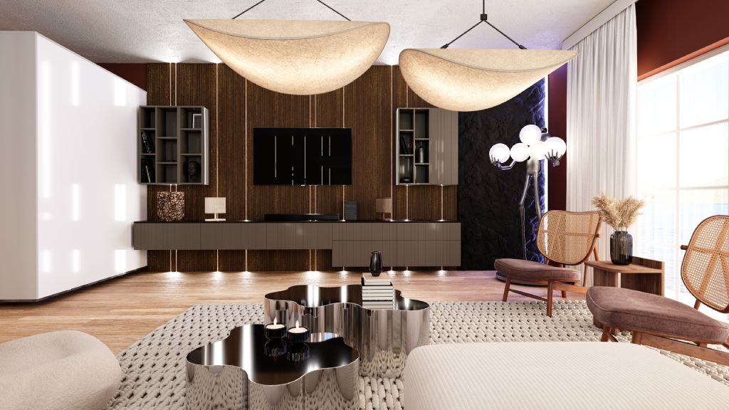 wizualizacja salon trendy sciana tv - Malu Design